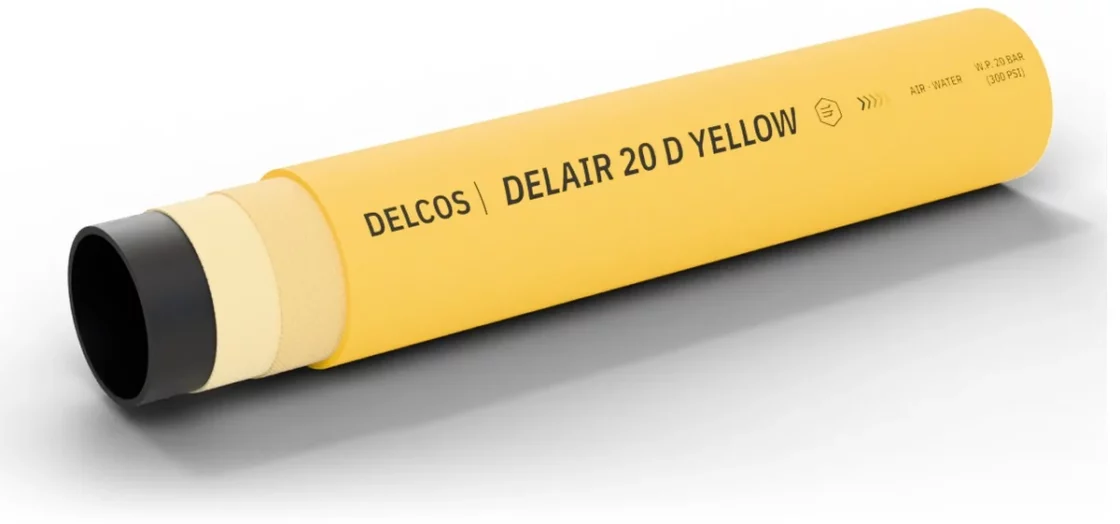 DELAIR 20 D YELLOW hose with layers partly removed: inner tube, reinforcement and cover