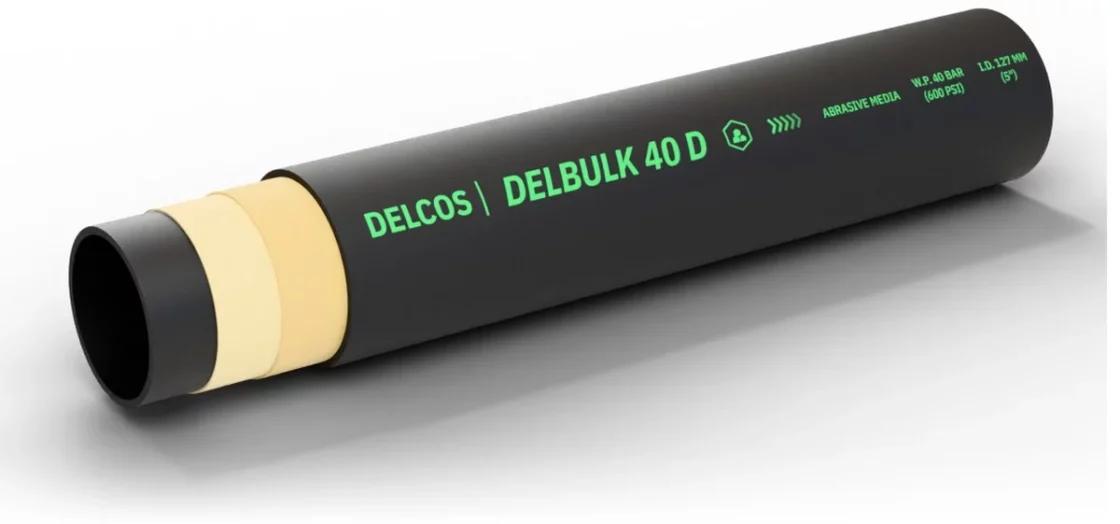 DELBULK 40 D hose with layers partly removed: inner tube, reinforcement and cover