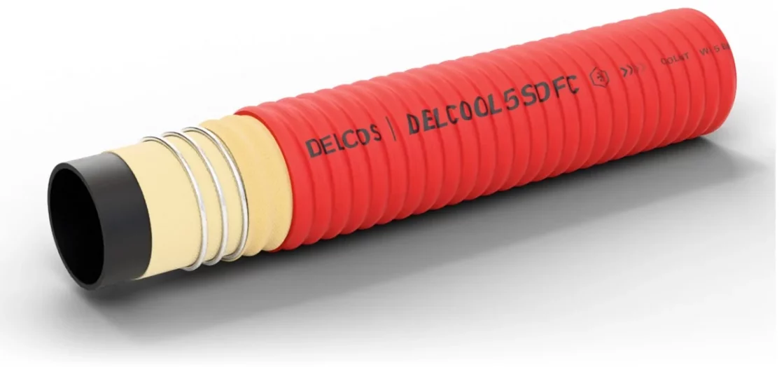 DELCOOL 5 SD FC hose with layers partly removed: inner tube, reinforcement and cover