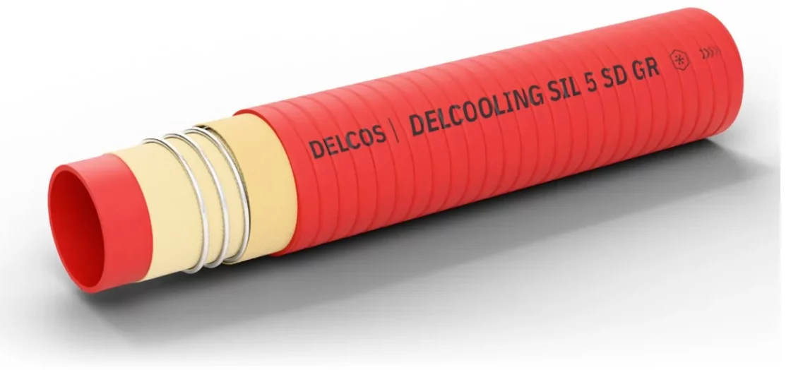 Маркуч DELCOOLING SIL 5 SD GR с частично отстранени слоеве: вътрешен слой, армировка и външен слой