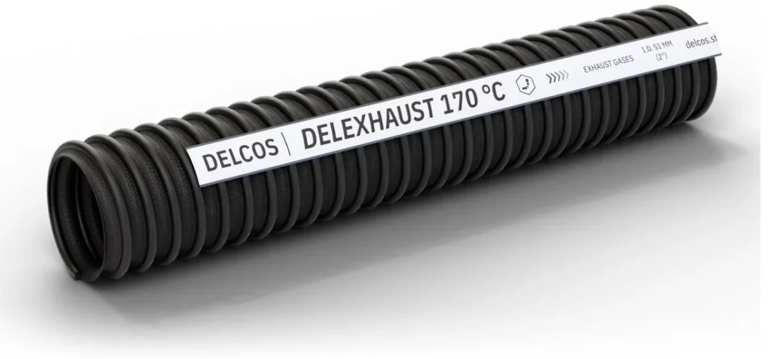 DELEXHAUST 170 °C hose with layers partly removed: inner tube, reinforcement and cover