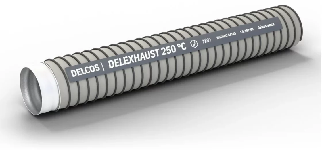 DELEXHAUST 250 °C hose with layers partly removed: inner tube, reinforcement and cover