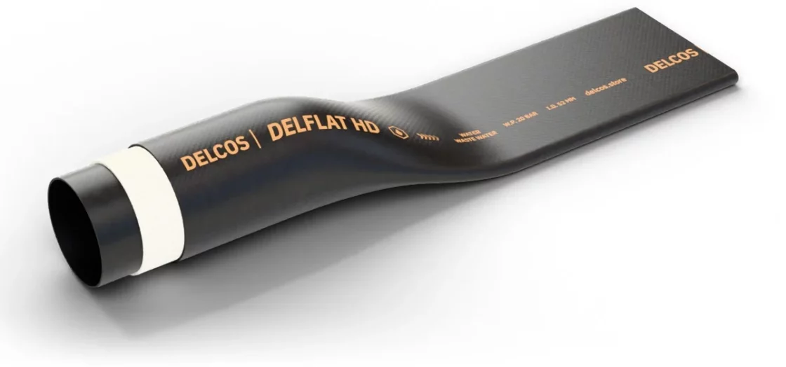 DELFLAT HD hose with layers partly removed: inner tube, reinforcement and cover