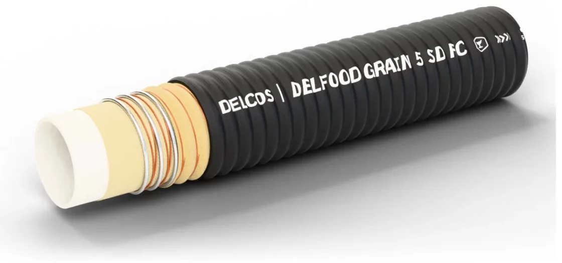 DELFOOD GRAIN 5 SD FC hose with layers partly removed: inner tube, reinforcement and cover