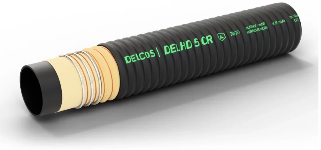 DELHD 5 CR hose with layers partly removed: inner tube, reinforcement and cover