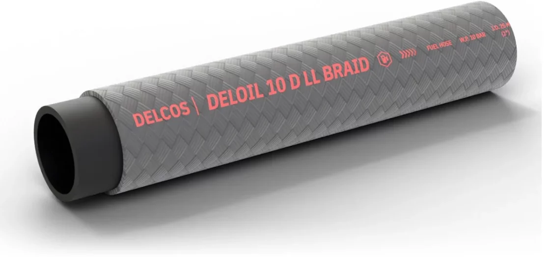 DELOIL 10 D LL BRAID hose with layers partly removed: inner tube, reinforcement and cover