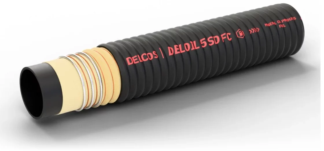 DELOIL 5 SD FC hose with layers partly removed: inner tube, reinforcement and cover