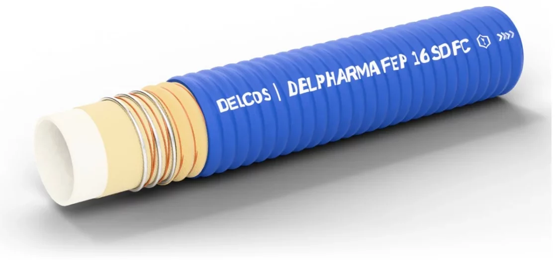 DELPHARMA FEP 16 SD FC hose with layers partly removed: inner tube, reinforcement and cover