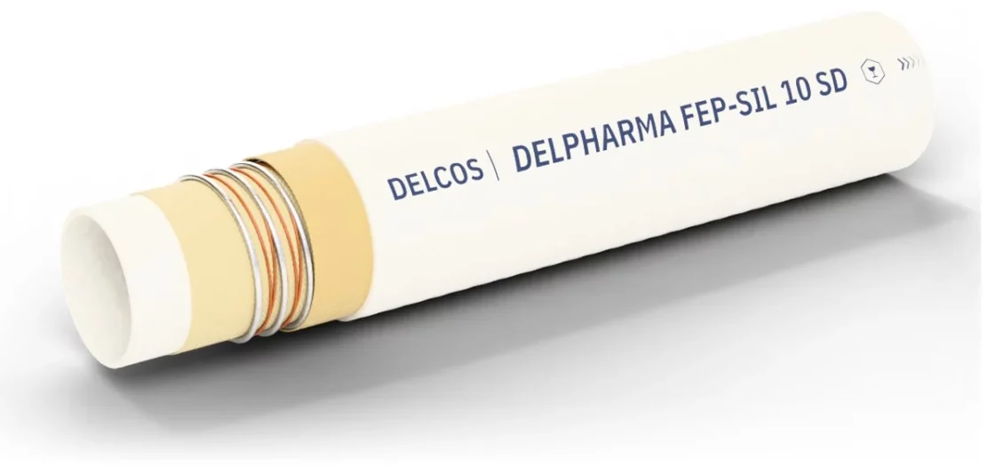 DELPHARMA FEP-SIL 10 SD hose with layers partly removed: inner tube, reinforcement and cover