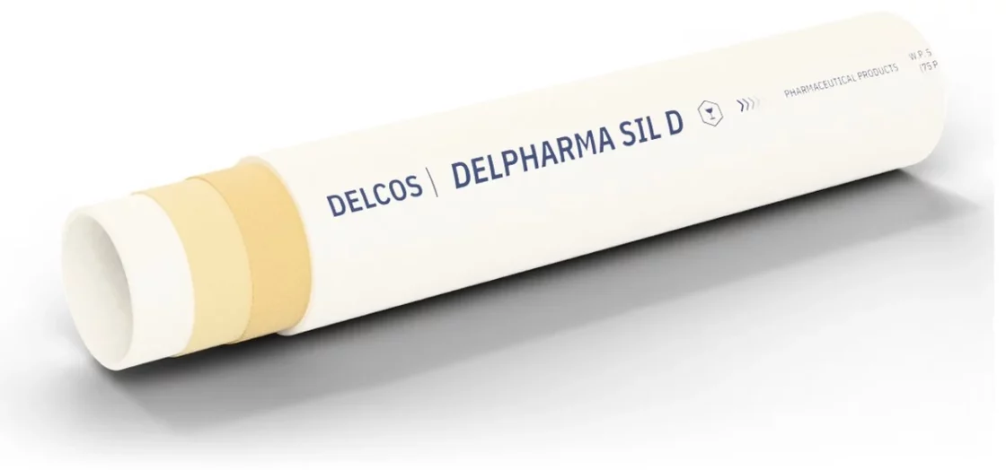 DELPHARMA SIL D hose with layers partly removed: inner tube, reinforcement and cover