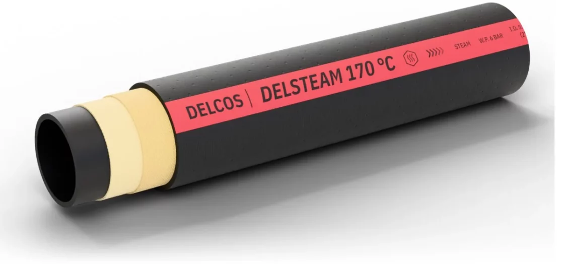 DELSTEAM 170 °C hose with layers partly removed: inner tube, reinforcement and cover