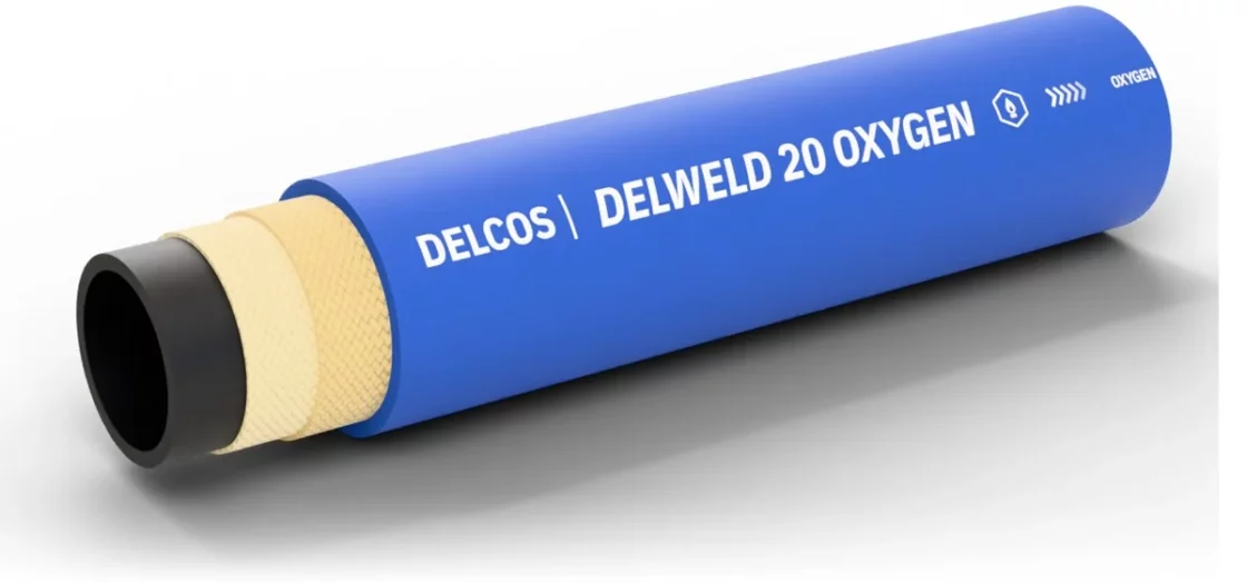 DELWELD 20 OXYGEN hose with layers partly removed: inner tube, reinforcement and cover