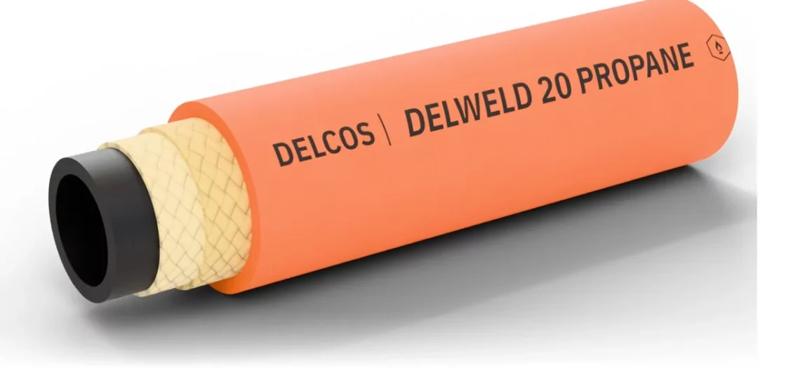 Маркуч DELWELD 20 PROPANE с частично отстранени слоеве: вътрешен слой, армировка и външен слой
