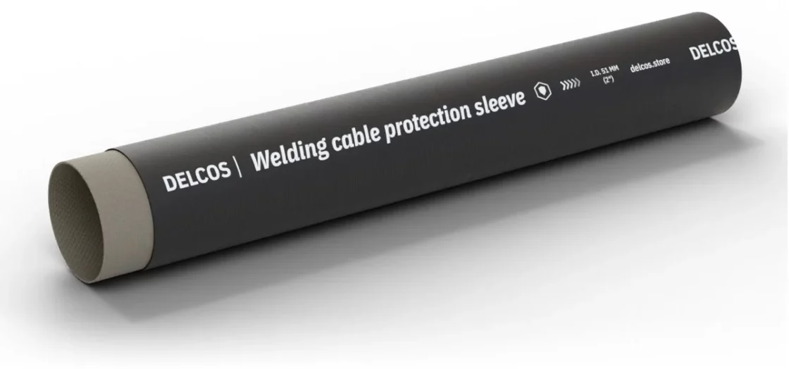 Welding cable protection sleeve hose with layers partly removed: inner tube, reinforcement and cover